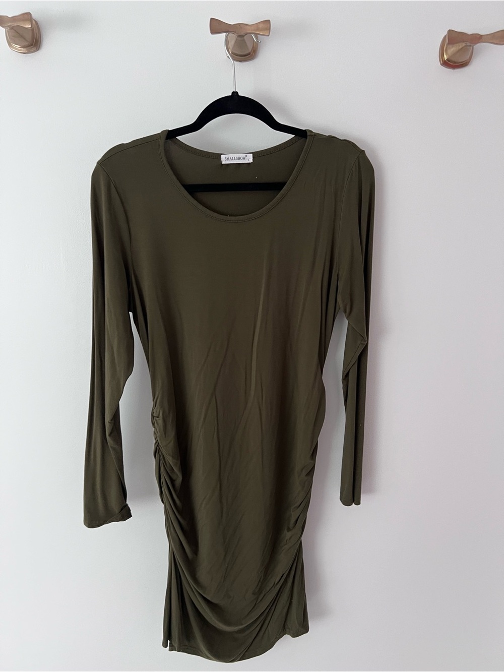 Maternity Olive Long-Sleeve Ruched Side Dress